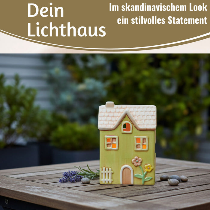 KI-generiertes Bild, LED Lichterhaus Nyhavn 19cm Gruen Keramik Fachwerkhaus Leuchthaus
