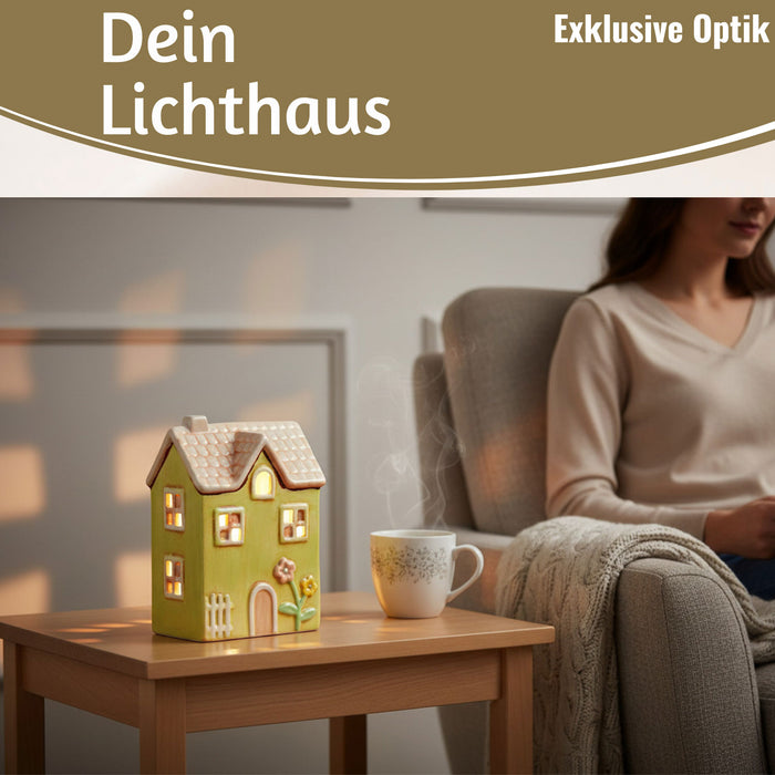 KI-generiertes Bild, LED Lichterhaus Nyhavn 19cm Gruen Keramik Fachwerkhaus Leuchthaus