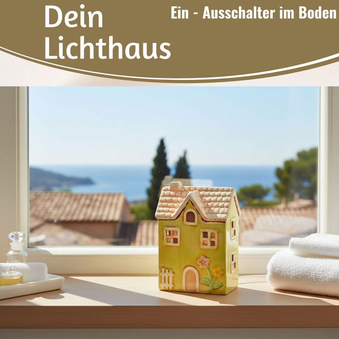 KI-generiertes Bild, LED Lichterhaus Nyhavn 19cm Gruen Keramik Fachwerkhaus Leuchthaus