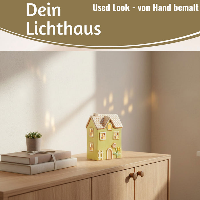 KI-generiertes Bild, LED Lichterhaus Nyhavn 19cm Gruen Keramik Fachwerkhaus Leuchthaus