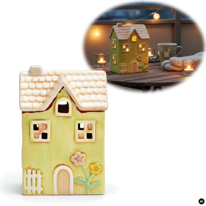 KI-generiertes Bild LED Lichterhaus Nyhavn 19cm Grün Keramik Fachwerkhaus Leuchthaus