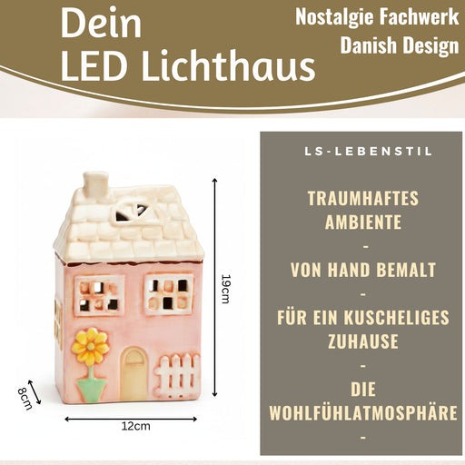 KI-generiertes Bild, LED Lichterhaus Nyhavn 19cm Rosa Keramik Fachwerkhaus Leuchthaus