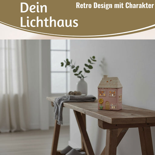 KI-generiertes Bild, LED Lichterhaus Nyhavn 19cm Rosa Keramik Fachwerkhaus Leuchthaus