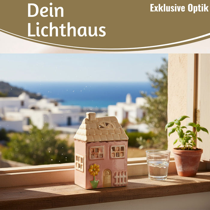 KI-generiertes Bild, LED Lichterhaus Nyhavn 19cm Rosa Keramik Fachwerkhaus Leuchthaus