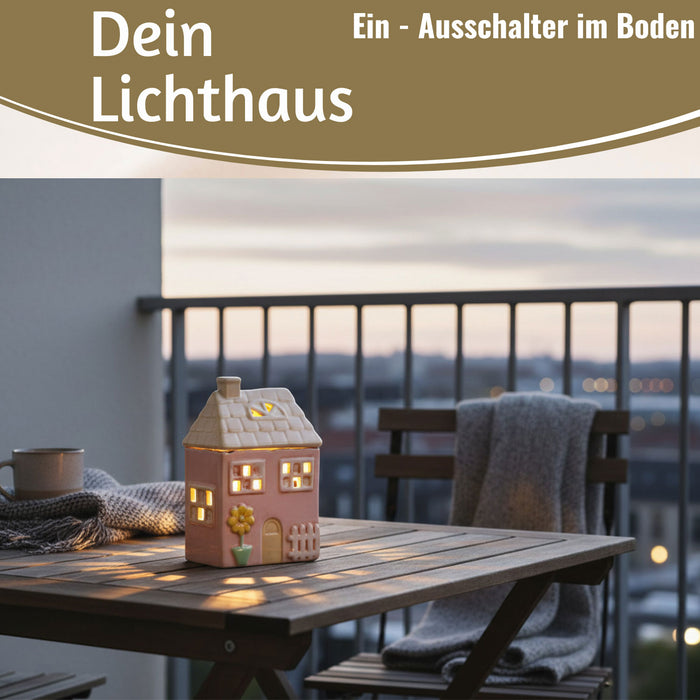 KI-generiertes Bild, LED Lichterhaus Nyhavn 19cm Rosa Keramik Fachwerkhaus Leuchthaus