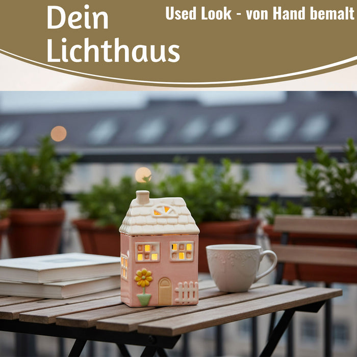 KI-generiertes Bild, LED Lichterhaus Nyhavn 19cm Rosa Keramik Fachwerkhaus Leuchthaus