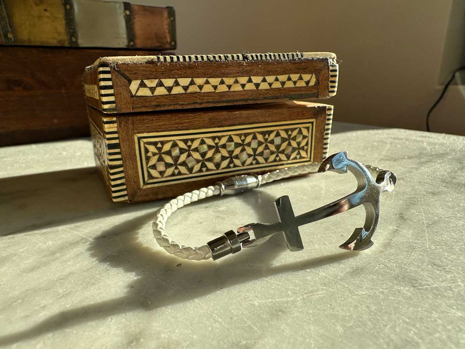 Elegantes Damen Lederarmband 18cm Kampen Anker Weiß Silber geflochten Echtleder