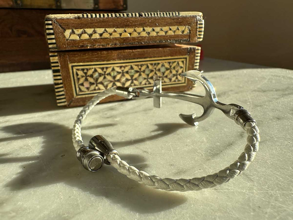 Elegantes Damen Lederarmband 18cm Kampen Anker Weiß Silber geflochten Echtleder