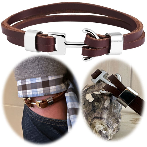 Elegantes Unisex Lederarmband 23cm List Zweifach Anker Braun Silber Echtleder