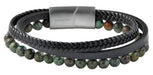 Design Unisex Lederarmband 21cm Sóller Dreifach Schwarz Grün Natursteine Echtleder