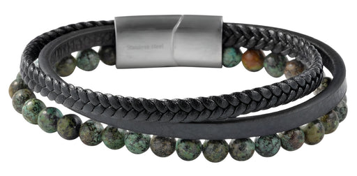 Design Unisex Lederarmband 21cm Sóller Dreifach Schwarz Grün Natursteine Echtleder