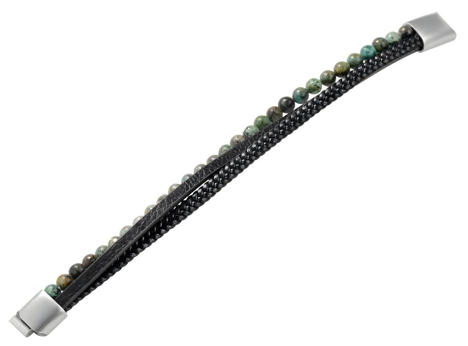 Design Unisex Lederarmband 21cm Sóller Dreifach Schwarz Grün Natursteine Echtleder
