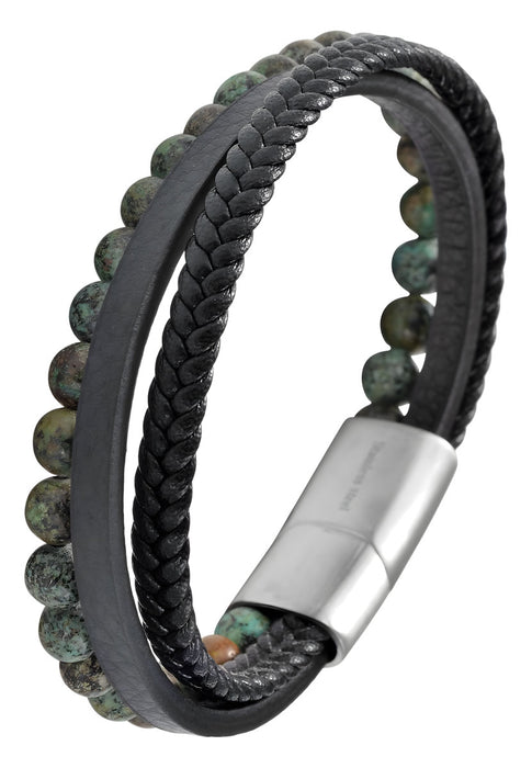 Design Unisex Lederarmband 21cm Sóller Dreifach Schwarz Grün Natursteine Echtleder
