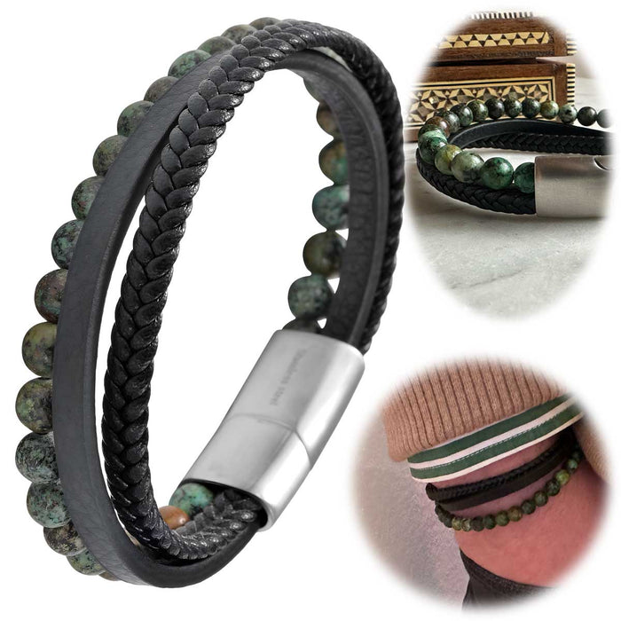 Design Unisex Lederarmband 21cm Sóller Dreifach Schwarz Grün Natursteine Echtleder