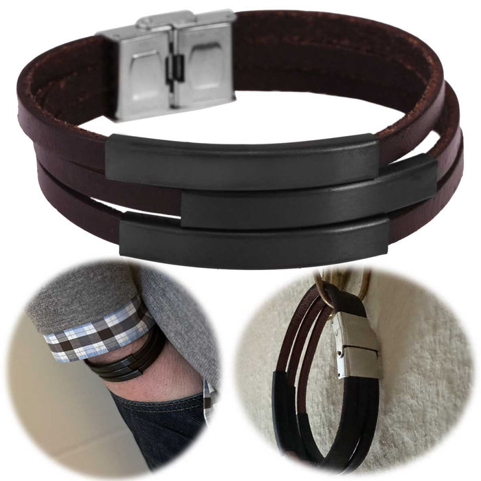 Elegantes Unisex Lederarmband 21cm Palma Dreifach Braun Gravurplatten Echtleder
