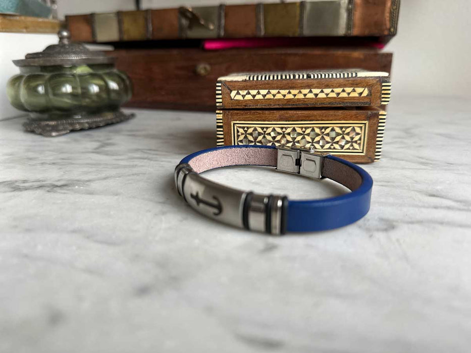 Elegantes Unisex Lederarmband 21cm Sylt Anker Motiv Blau Silber Echtleder