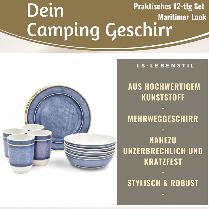 Camping-Geschirr Set 12-teilig Maritim Blau Weiß 4 Personen Picknick — LS-LebenStil