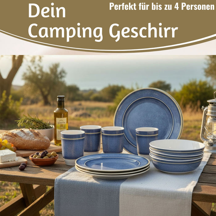 Camping-Geschirr Set 12-teilig Maritim Blau Weiß 4 Personen Picknick