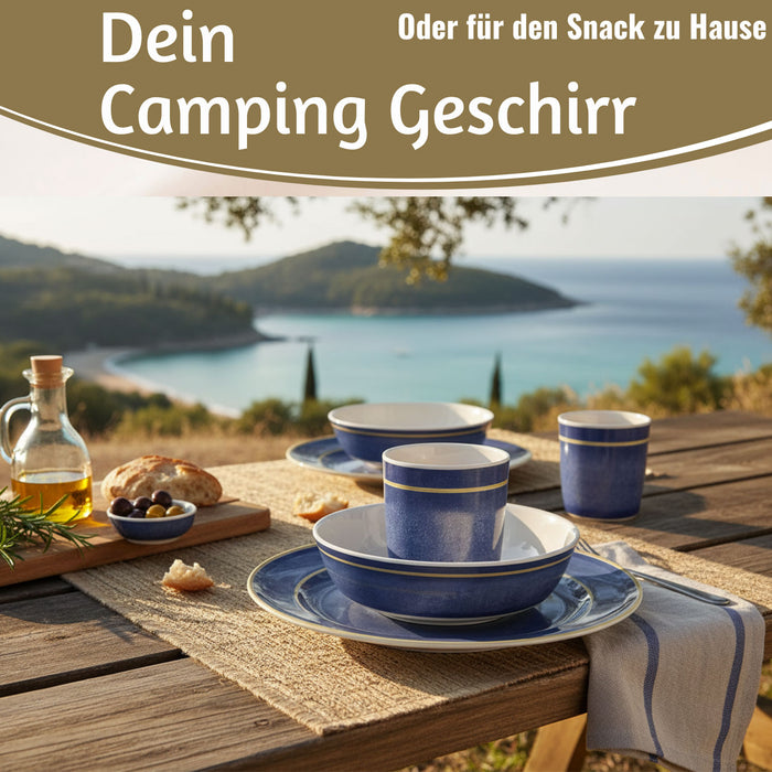 Camping-Geschirr Set 12-teilig Maritim Blau Weiß 4 Personen Picknick