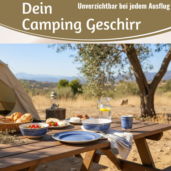 Camping-Geschirr Set 12-teilig Maritim Blau Weiß 4 Personen Picknick — LS-LebenStil
