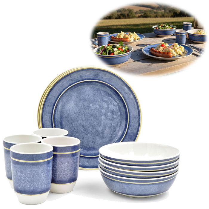 Camping-Geschirr Set 12-teilig Maritim Blau Weiß 4 Personen Picknick — LS-LebenStil
