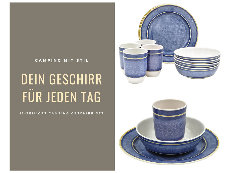 Camping-Geschirr Set 12-teilig Maritim Blau Weiß 4 Personen Picknick