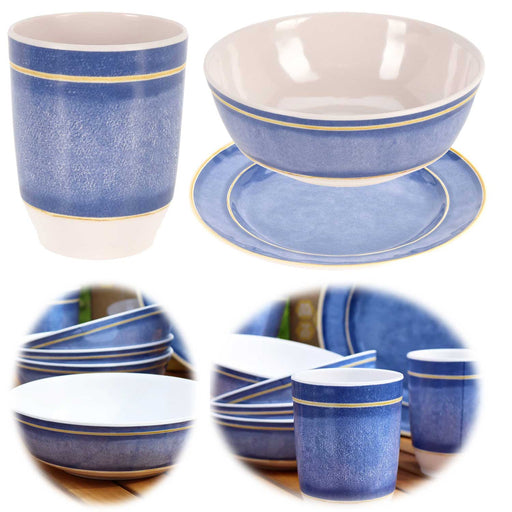 Camping-Geschirr Set 12-teilig Maritim Blau Weiß 4 Personen Picknick