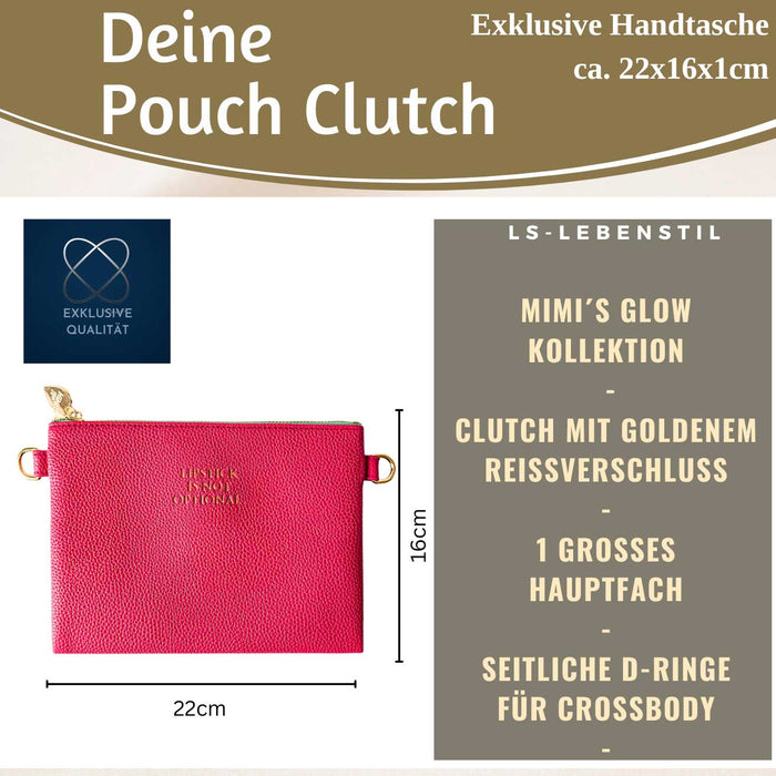 Mimi's Glow Clutch Lia Pink 22cm PU Leder Haptik Handtasche Kosmetiktasche