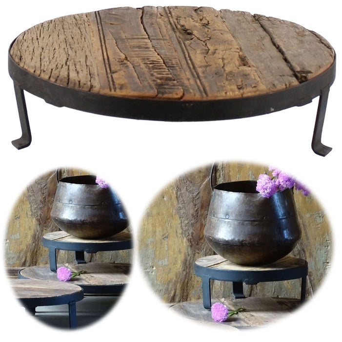KI-generiertes Bild Vintage Holz Pflanzenhocker Dehli 30cm recycelt Minitisch Deko-Tablett Blumenständer