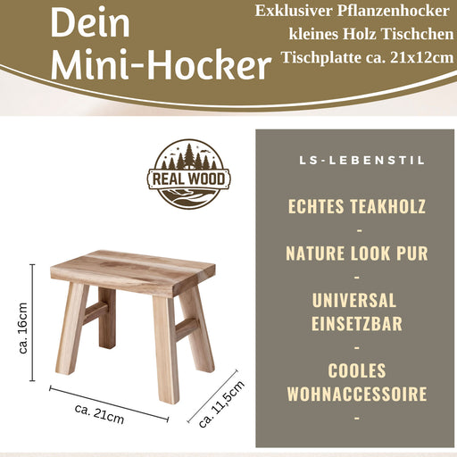 Pflanzenhocker Teak Holz 21x16cm Mini Tisch Rechteckig Deko Hocker Blumenständer