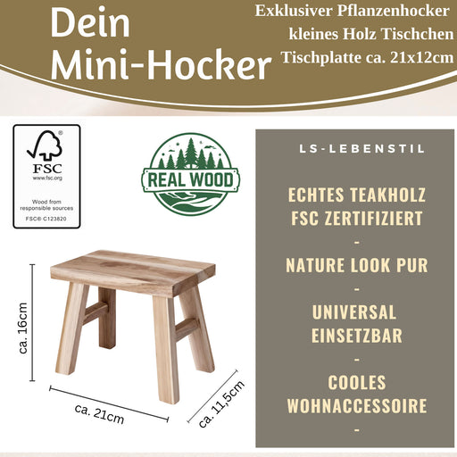 Pflanzenhocker Teak Holz 21x16cm Mini Tisch Rechteckig Deko Hocker Blumenständer