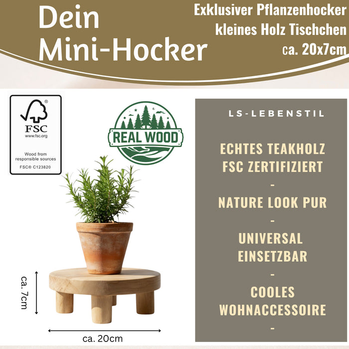 KI-generiertes Bild,Pflanzenhocker Teak Holz 20x7cm Rund Mini Tisch Deko Tablett Blumenständer