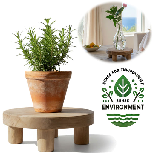 KI-generiertes Bild Pflanzenhocker Teak Holz 20x7cm Rund Mini Tisch Deko Tablett Blumenständer