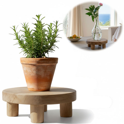 KI-generiertes Bild Pflanzenhocker Teak Holz 20x7cm Rund Mini Tisch Deko Tablett Blumenständer