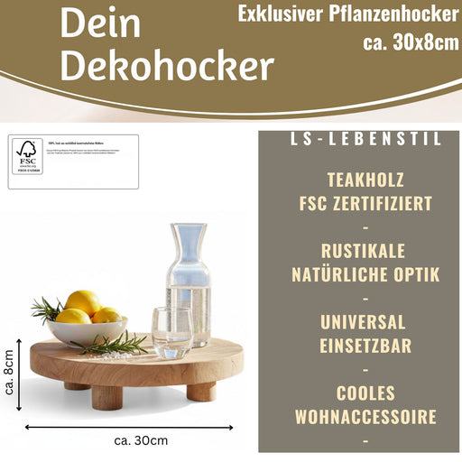 KI-generiertes Bild,Pflanzenhocker Teak Holz 30x8cm Rund Mini Tisch Deko Tablett Blumenständer