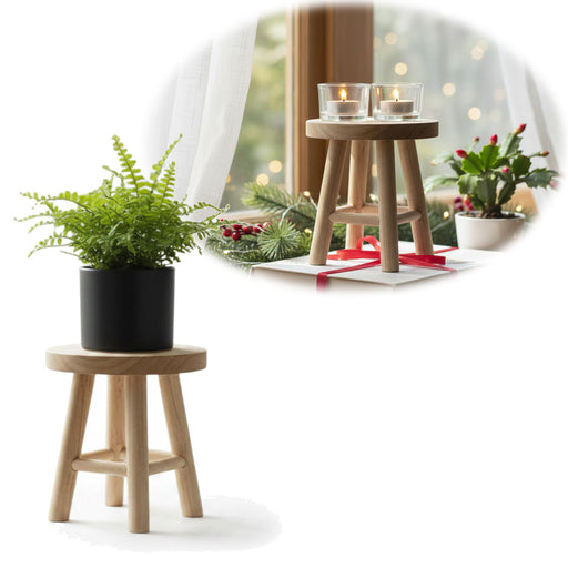 KI-generiertes Bild Pflanzenhocker Teak Holz 18x15cm Mini Tisch Rund Deko Hocker Blumenständer