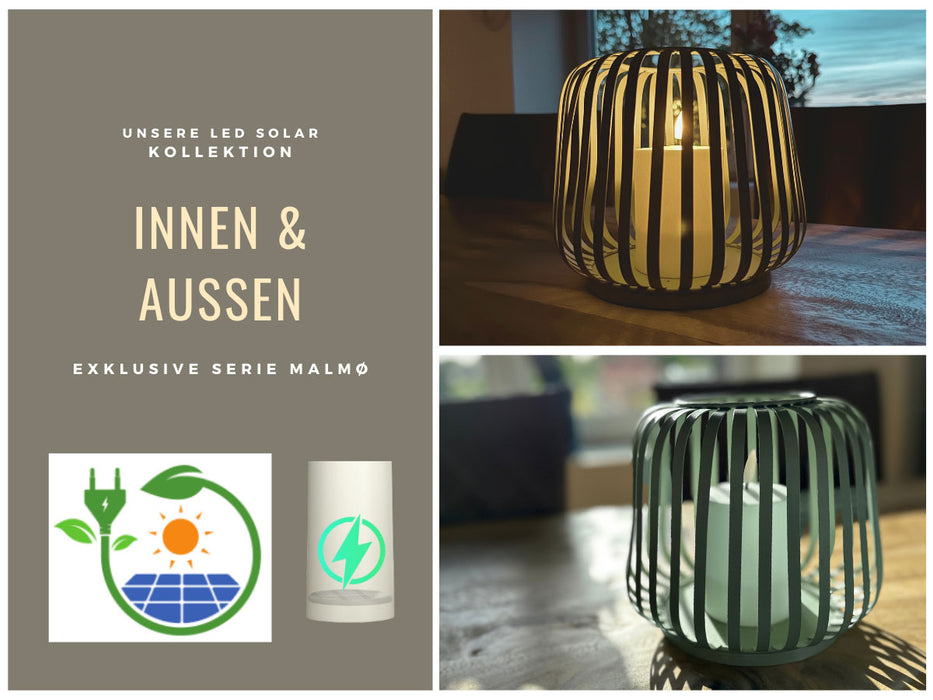 Solar Outdoor LED Windlicht Lampe Grün 20cm Stumpenkerze Timer Metall Kunststoff