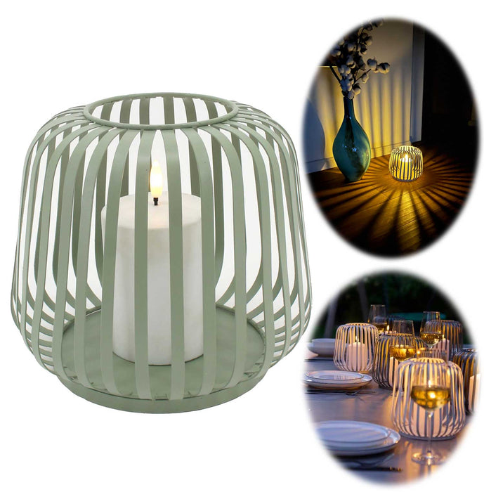 Solar Outdoor LED Windlicht Lampe Grün 20cm Stumpenkerze Timer Metall Kunststoff