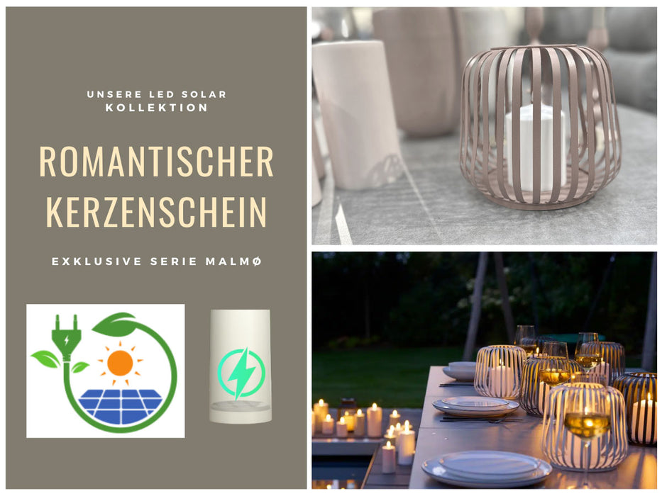 Solar Outdoor LED Windlicht Lampe Sand 20cm Stumpenkerze Timer Metall Kunststoff