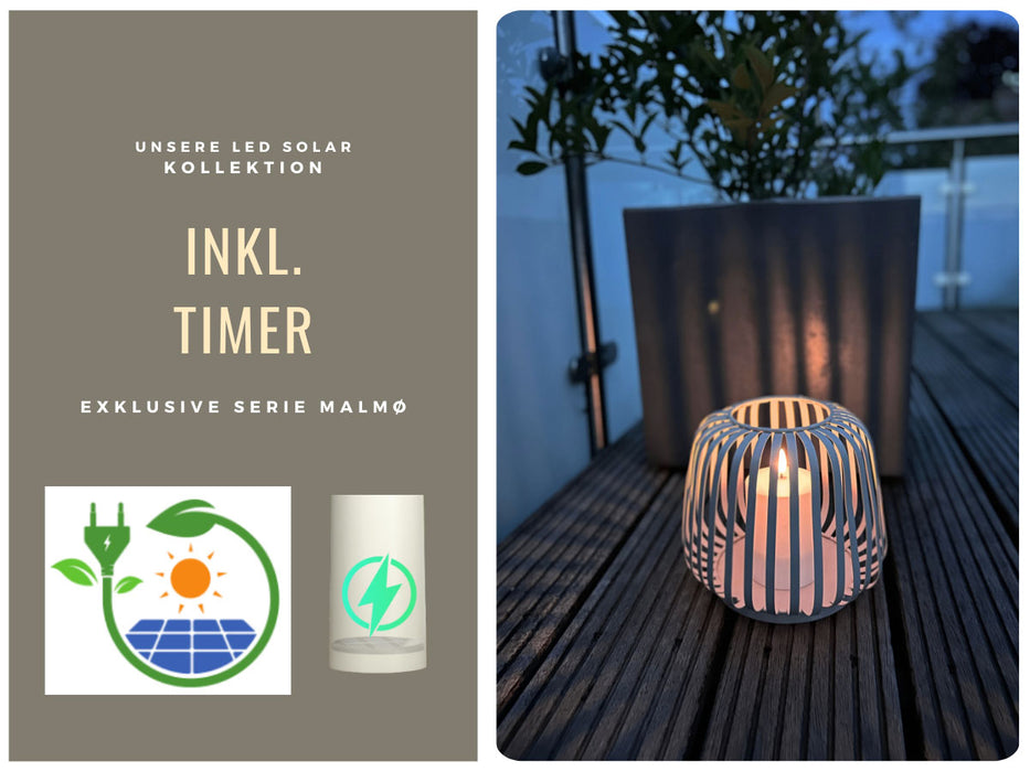 Solar Outdoor LED Windlicht Lampe Sand 20cm Stumpenkerze Timer Metall Kunststoff