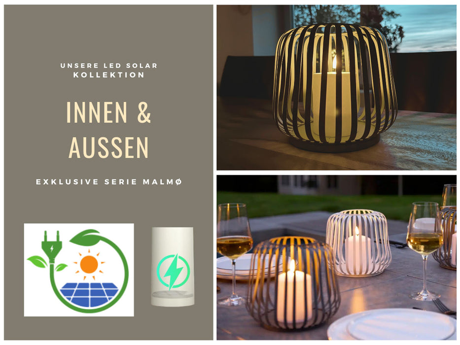 Solar Outdoor LED Windlicht Lampe Sand 20cm Stumpenkerze Timer Metall Kunststoff