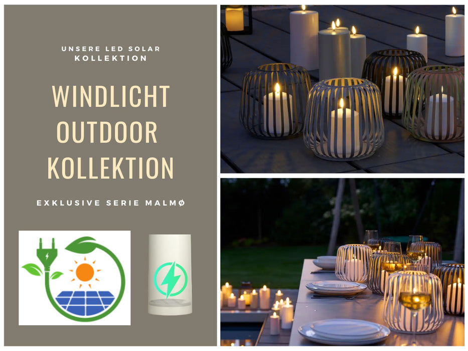 Solar Outdoor LED Windlicht Lampe Sand 20cm Stumpenkerze Timer Metall Kunststoff