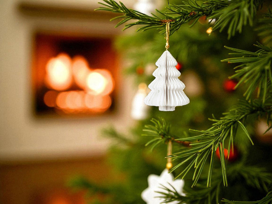 3x Papier Tannenbaum Weiß - goldener Rand - 8cm Deko-Anhänger Weihnachten Baumschmuck