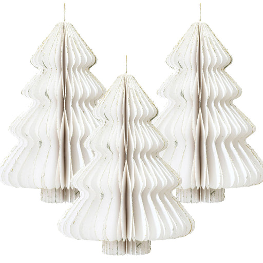 3x Papier Tannenbaum Weiß - goldener Rand - 8cm Deko-Anhänger Weihnachten Baumschmuck