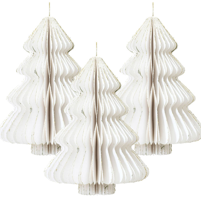 3x Papier Tannenbaum Weiß - goldener Rand - 8cm Deko-Anhänger Weihnachten Baumschmuck