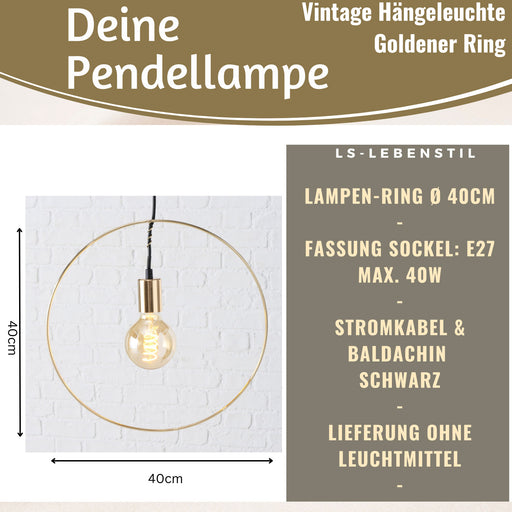 Pendel-Leuchte Ring Gold 40cm E27 Rund Hängelampe Hängeleuchte Deckenleuchte