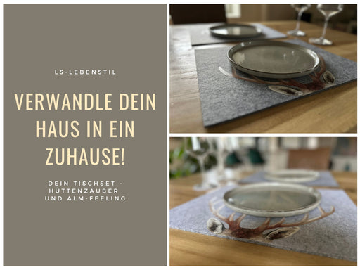 2x Filz Tischset Platzset Hirschgeweih Hellgrau 45cm Rechteckig Platzdeckchen Platzmatte