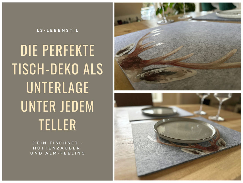 2x Filz Tischset Platzset Hirschgeweih Hellgrau 45cm Rechteckig Platzdeckchen Platzmatte