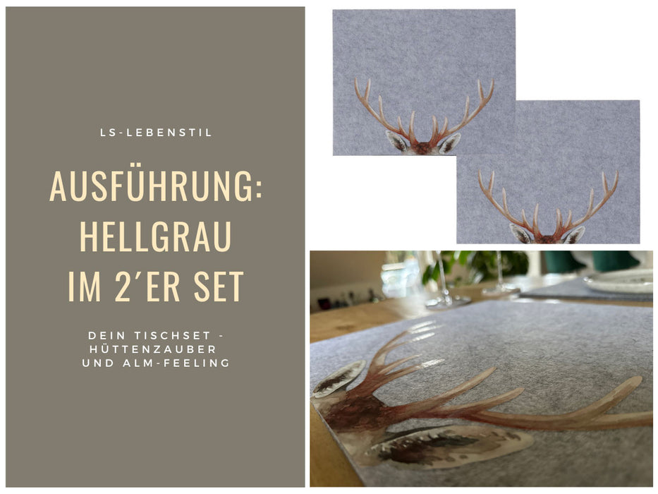 2x Filz Tischset Platzset Hirschgeweih Hellgrau 45cm Rechteckig Platzdeckchen Platzmatte
