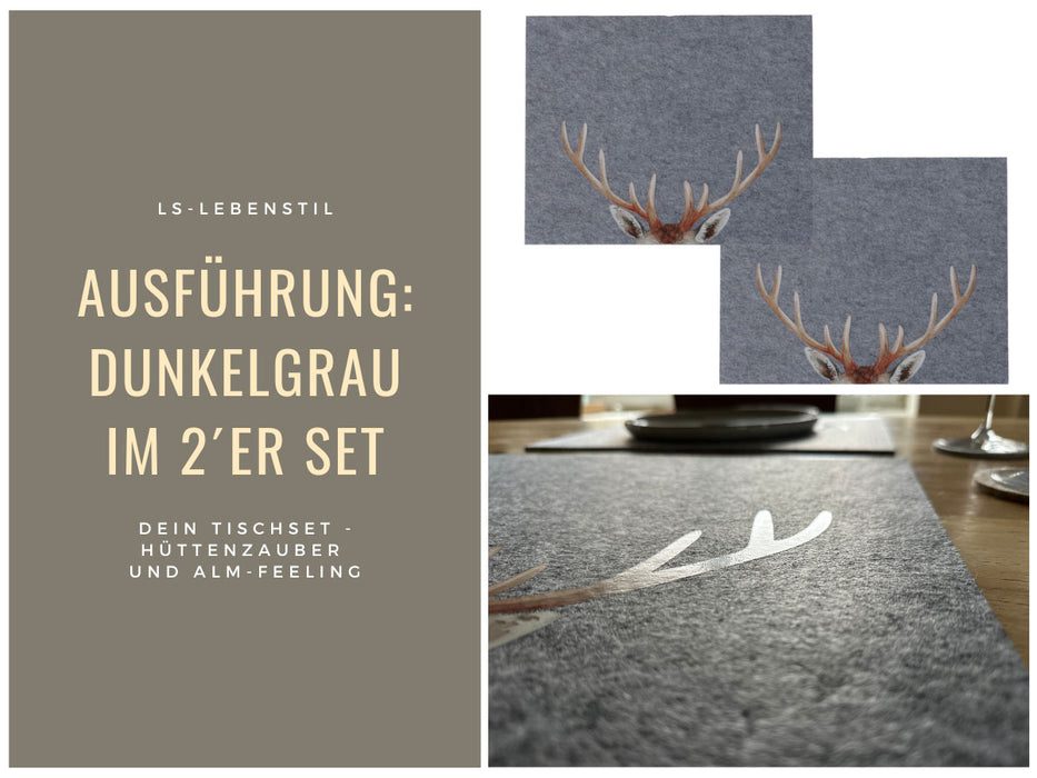 2x Filz Tischset Platzset Hirschgeweih Dunkelgrau 45cm Rechteckig Platzdeckchen Platzmatte